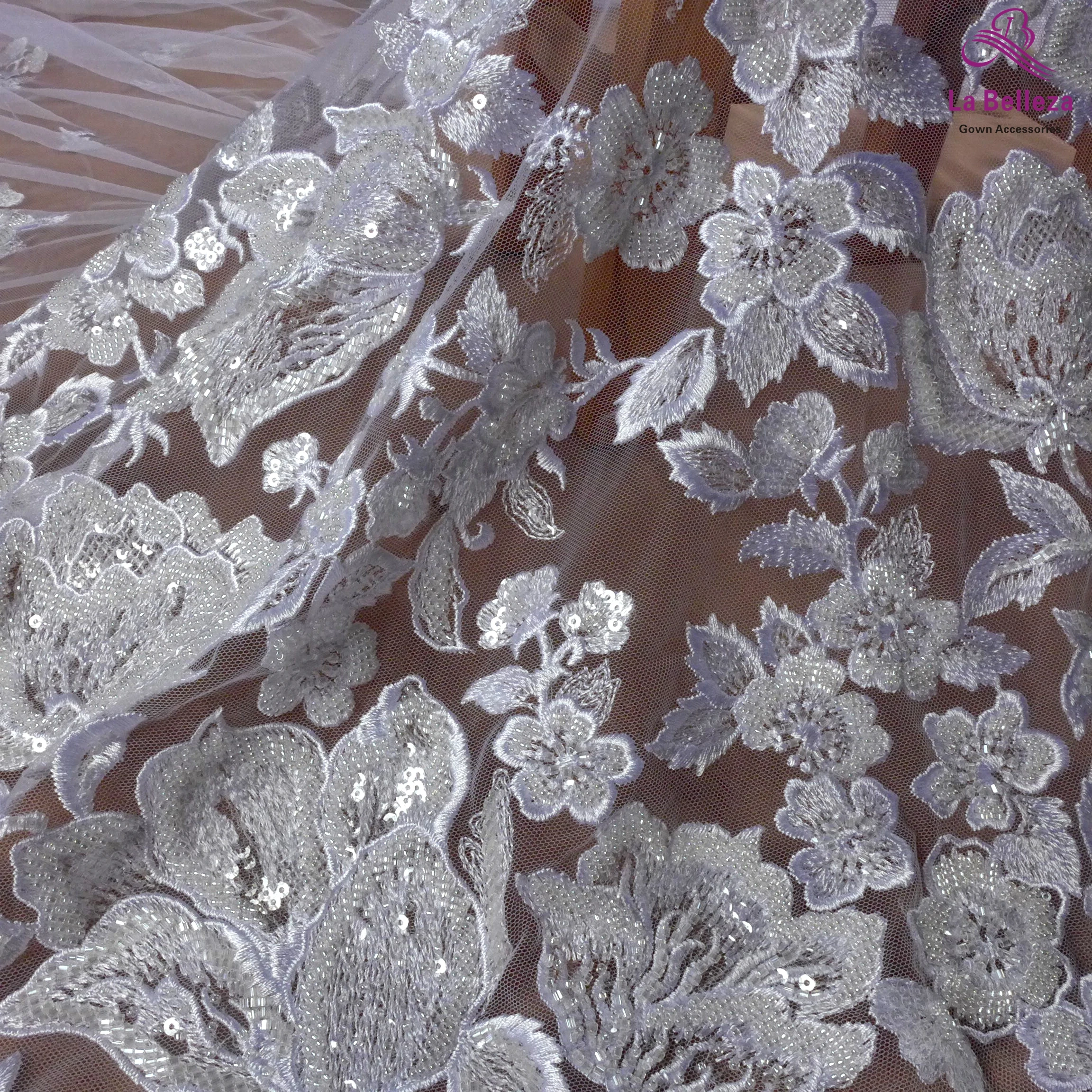 Чисто белые ветви тяжелые бисером на Тюль Вышивка Кружева Ткань свадебное