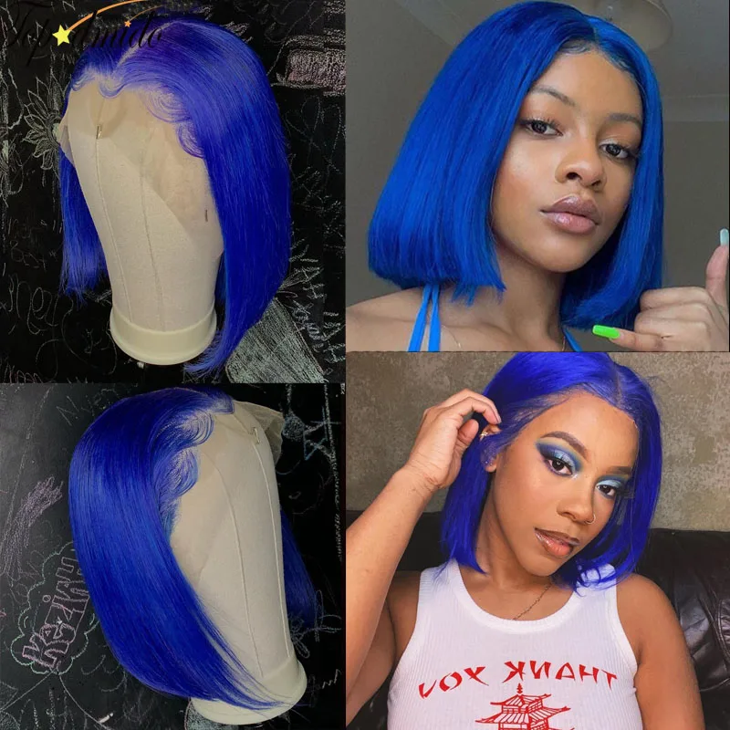 

TOPODMIDO Blue Short Bob Wig with Pre Pluck Hairline 13X6x1 Peruvian Remy Human Hair Lace Front Wig Red Remy Hair Bod Cut Wigs