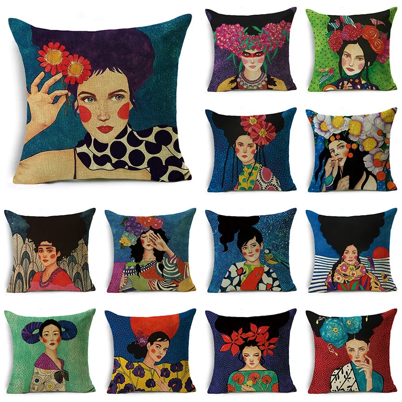 

Creative Painted Girl Series Pillowcase Personality Sofa Bedroom Car Office Cushion Cover 40*40cm/45*45cm/50*50cm