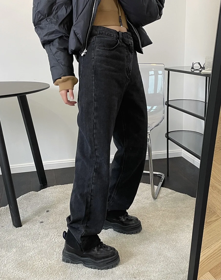 woman straight long black warm jeans