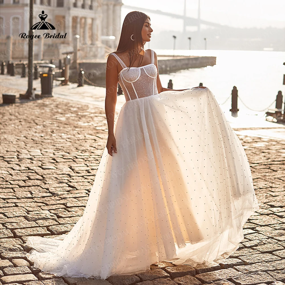 

Modern A-Line Civil Wedding Dresses with Pearls Spaghetti Straps Tulle Lace Up Back Beach Simple Bridal Gowns vestidos de novia