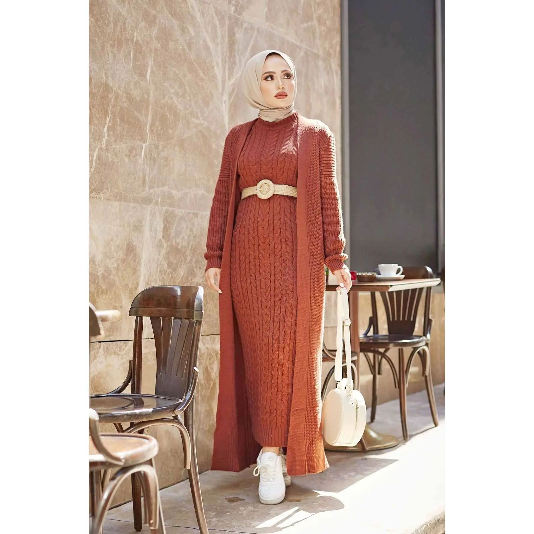 Muslim Women's 2 Piece Winter Dress Set Thick and Chunky Long Cardigan and Turtleneck Embroidered Long Thick Dress Abaya Kaftan