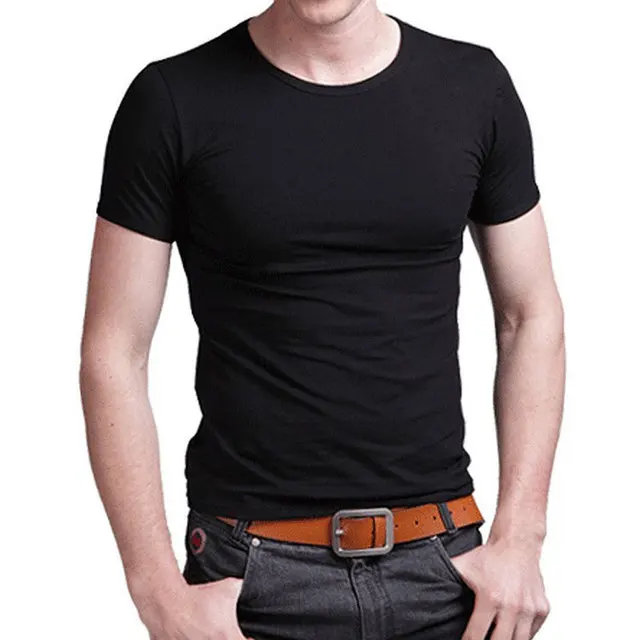 

2022 Men's Stretch Lycra T-Shirt Short Sleeve Solid Round Collar Slim Shirt