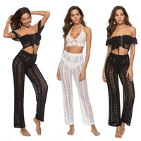 new women crochet knitted beach pants hollow out elastic straight casual trouser holiday beach wide leg bikini cover up