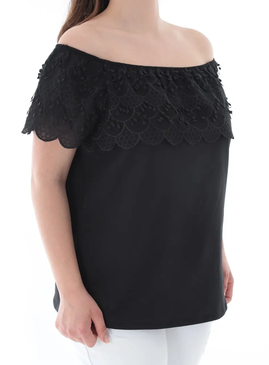 

Roxxlen Plus Size Women Clothing 2021 Summer Fashion Black Shoulder Lace Detail Blouse