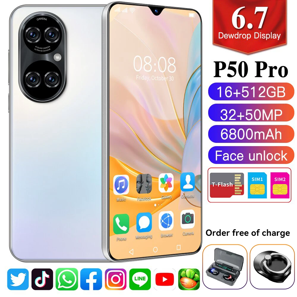 

New version P50 Pro 5G Smartphone 6.7 Inch 32MP+50MP 6800mAh 16GB + 512GB Face/Fingerprint Unlock Dual Sim Phone Smartphone