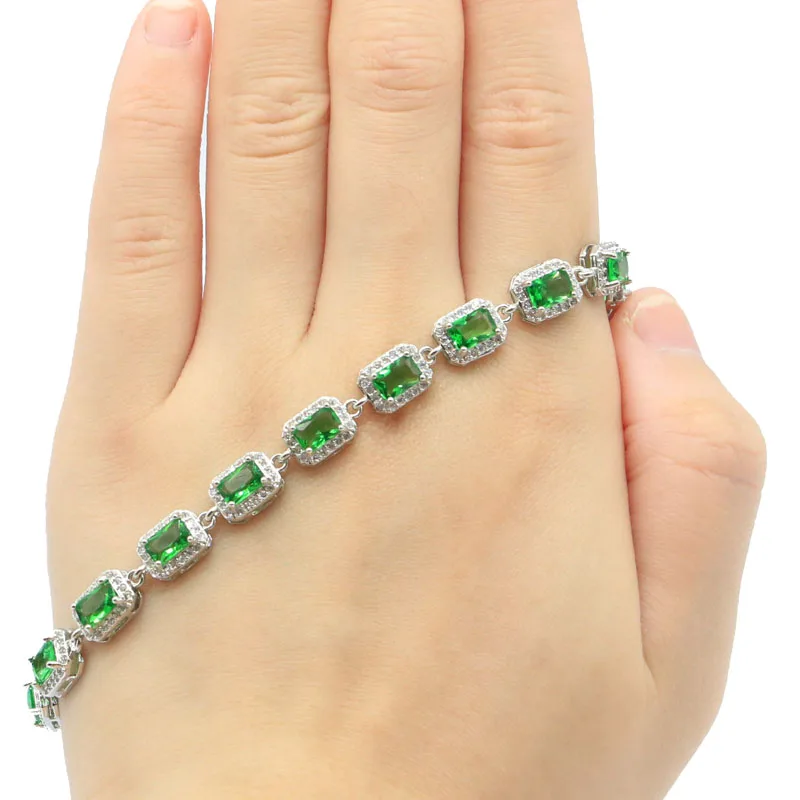 

12x7mm Luxury 10.5g Created Green Emerald Zircon Gift For Woman's Silver Bracelet 7.5-8.5inch