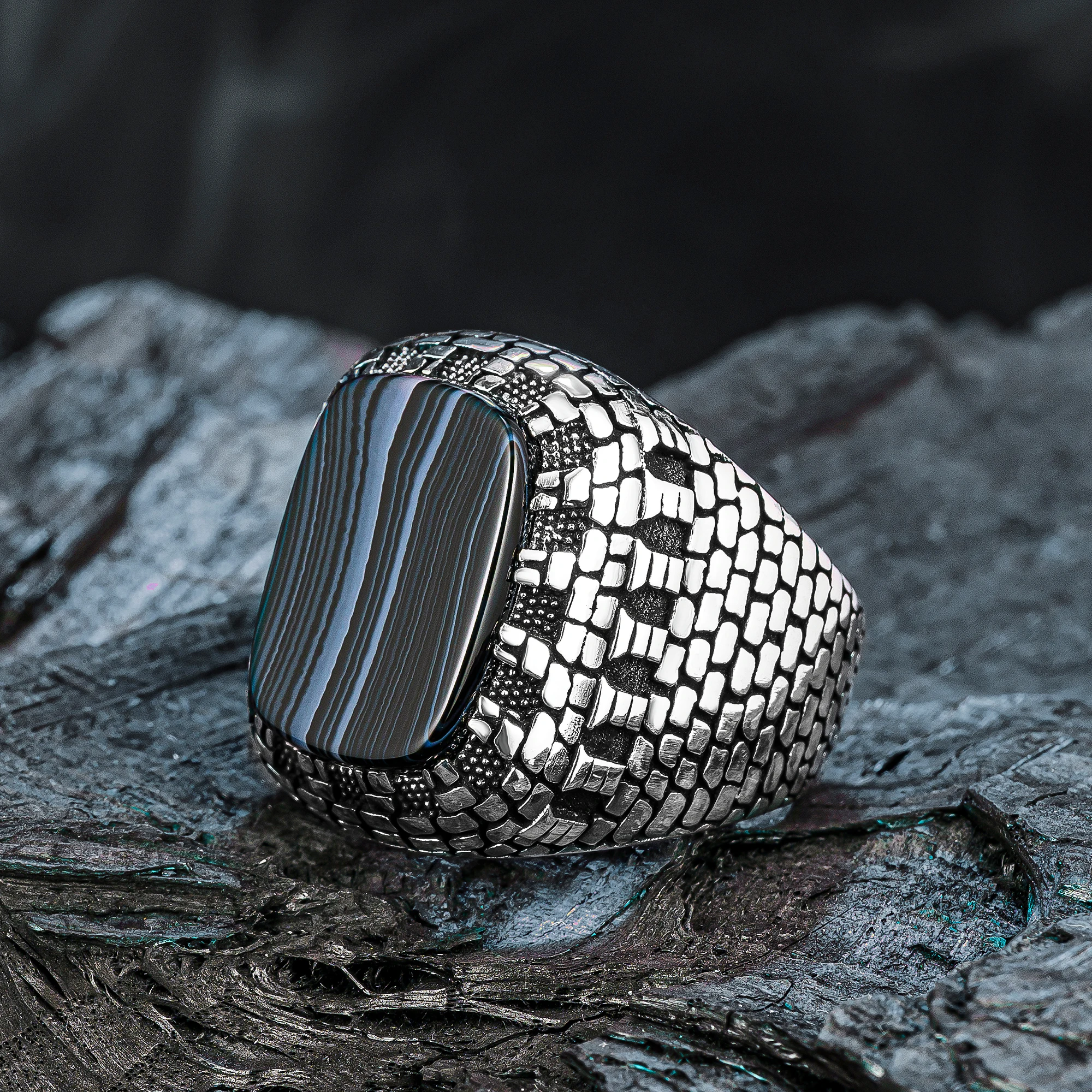 

Solid 925 Sterling Silver Men Ring with Raw Square Black Veined Onyx Stone and Castle Figure Ring Natural Gemstone Ring