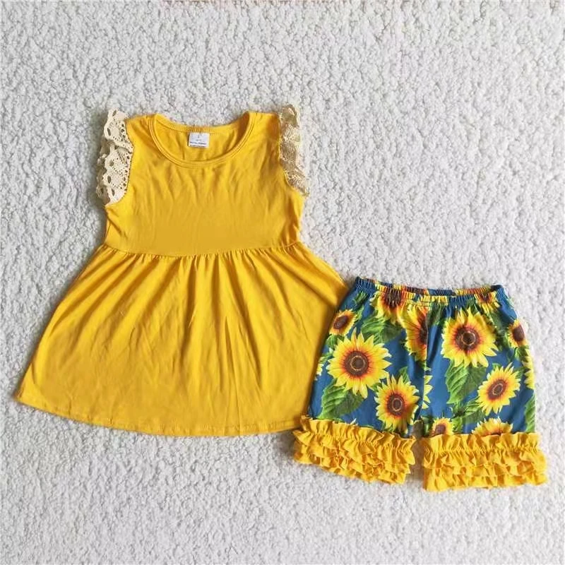 

casual design kids clothes baby girl summer wear boutique outfit yellow flutter sleeve top and sunflower shorts outfit clothing