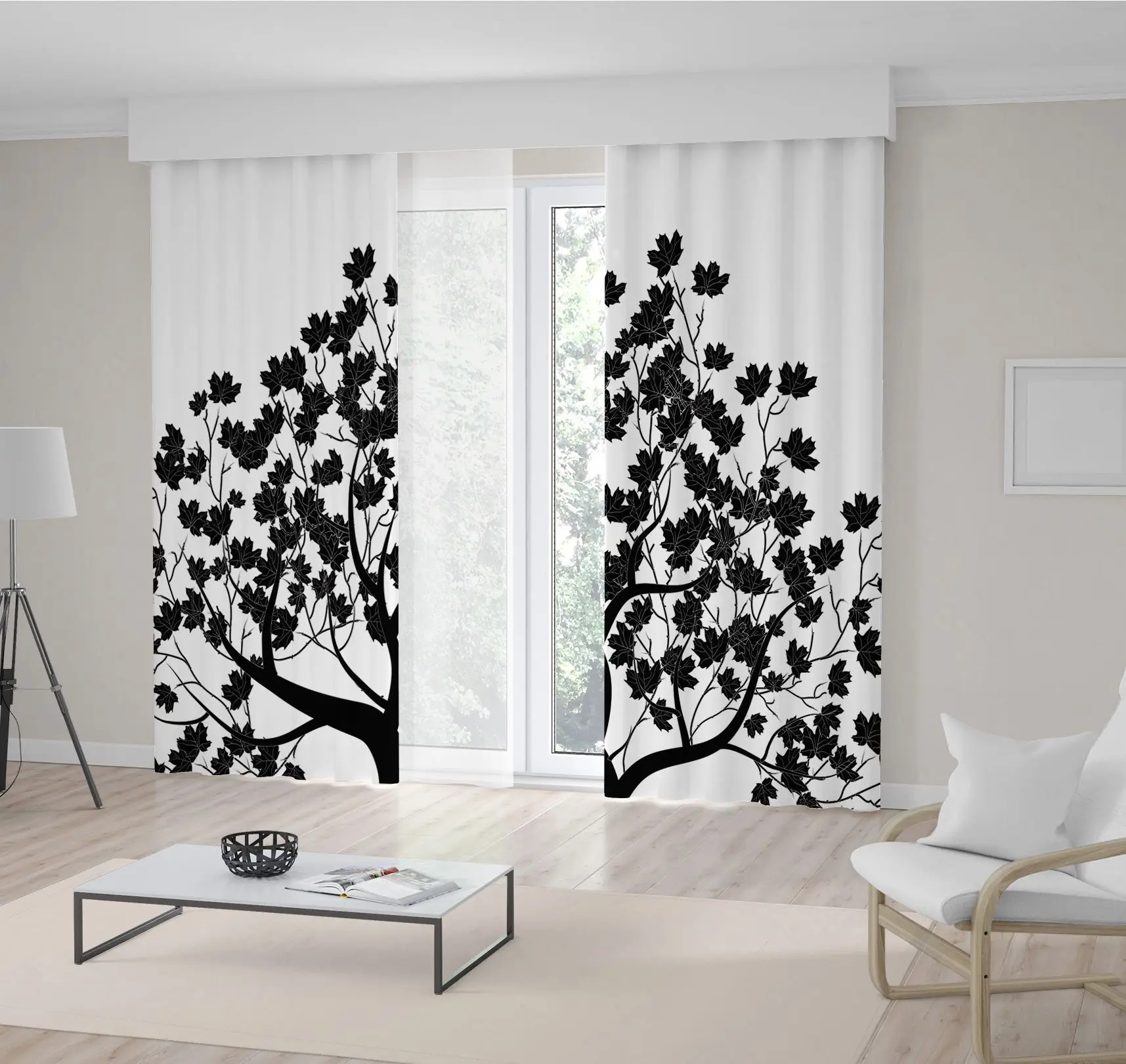 

Curtain Tree Silhouette Leaves Branches Summer Forest Nature Themed Black and White Modern Artwork