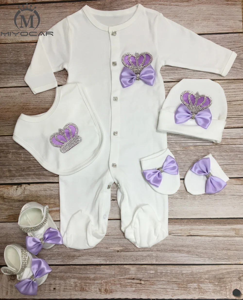 

MIYOCAR 0-6m cotton light purple crown rhinestone clothes set one piece bodysuit unique baby shower gift bling baby clothes S1
