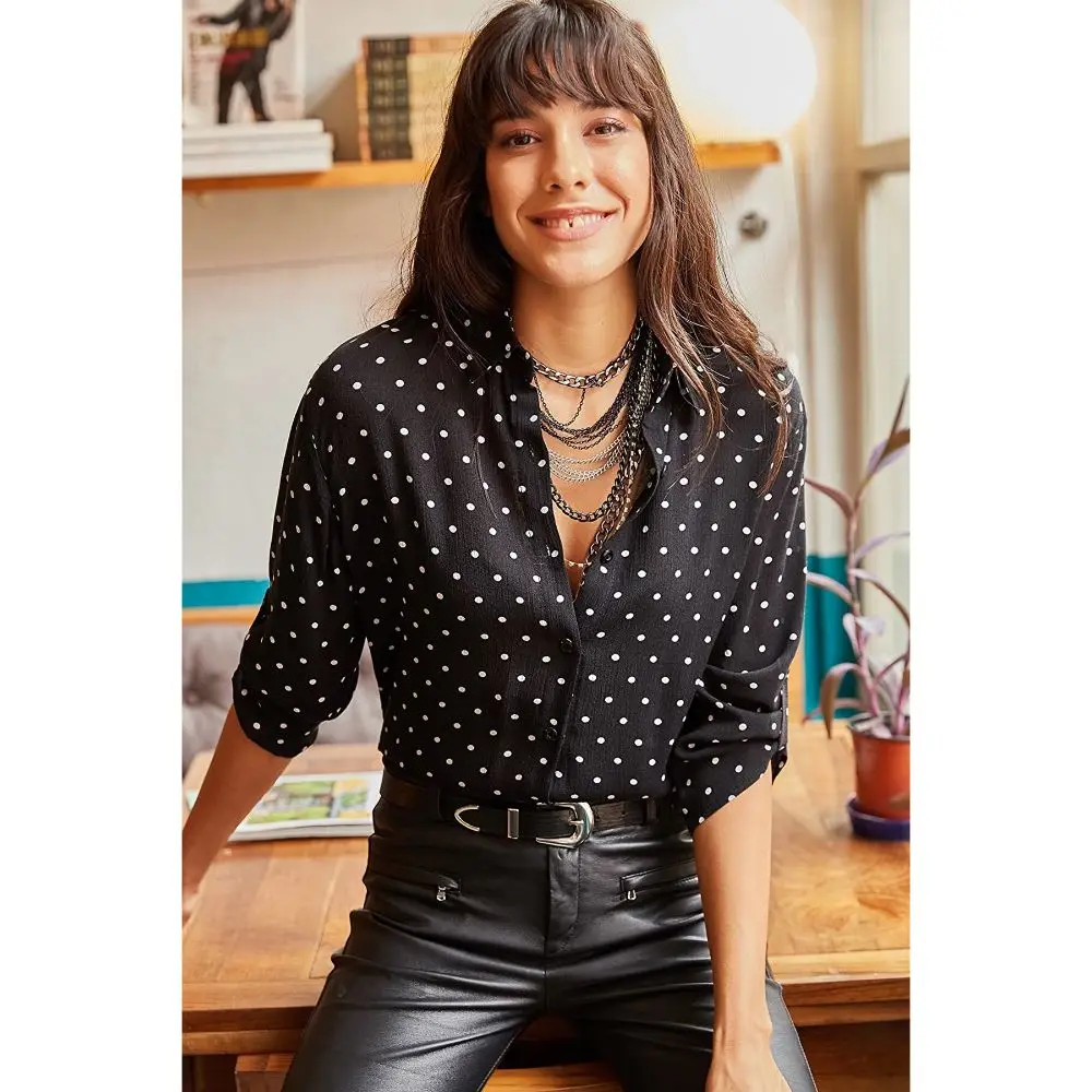 

Woman Black Polka Dot Casual And Comfort Shirt 2022 Fashion Viskose Shirt
