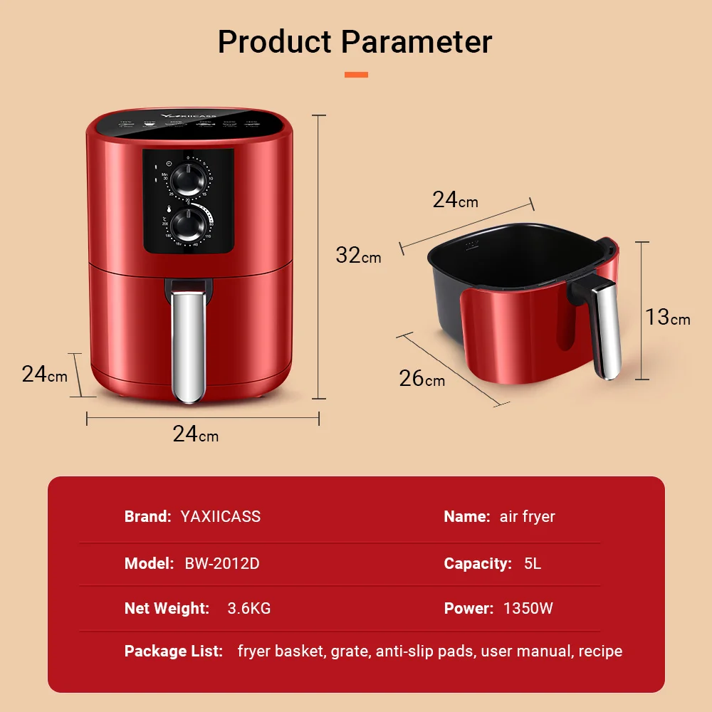 YAXIICASS Фритюрница без 5 л большая 1350 Вт 360 ° безмасляная фритюрница умный