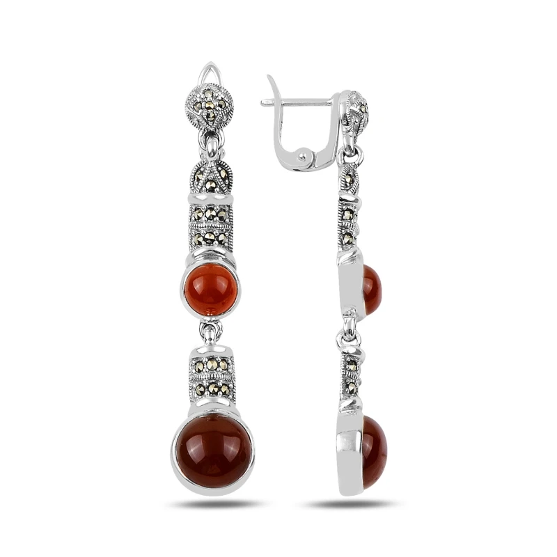 

Silver 925 Sterling Marcasite & Red Agate Stone Dangle Earrings