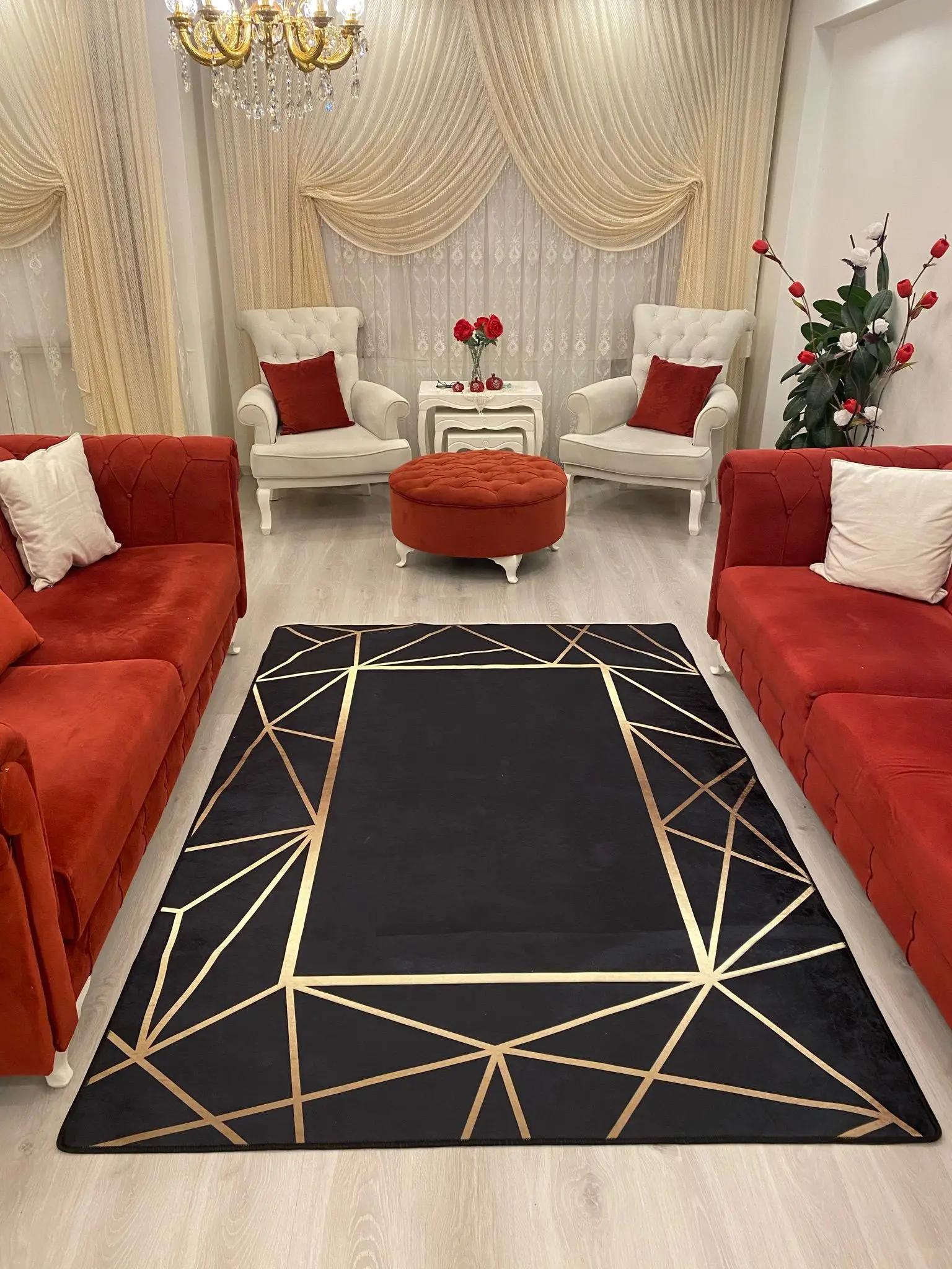

Home Decoration Living Room Rug Black Gold Stripe Washable Non-Slip Foal Feather Cold-Proof Model Artificial Leather