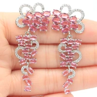 55x21mm gorgeous long big pink tourmaline white cz womans wedding silver earrings
