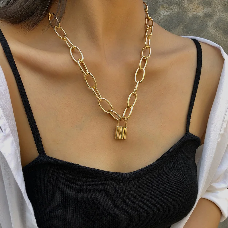 

Lock Pendants Punk Necklaces for Women Gold Color Hollow Chain Personality Female Neck Jewelry Gothic Neck Decoration