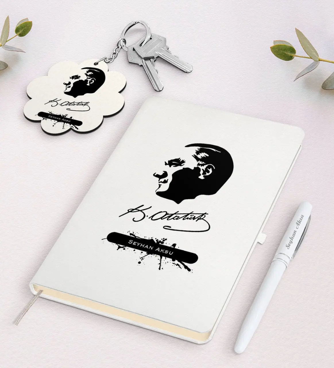 

Personalized Ataturk Themed White Notebook Pen And Keychain Gift Set-4