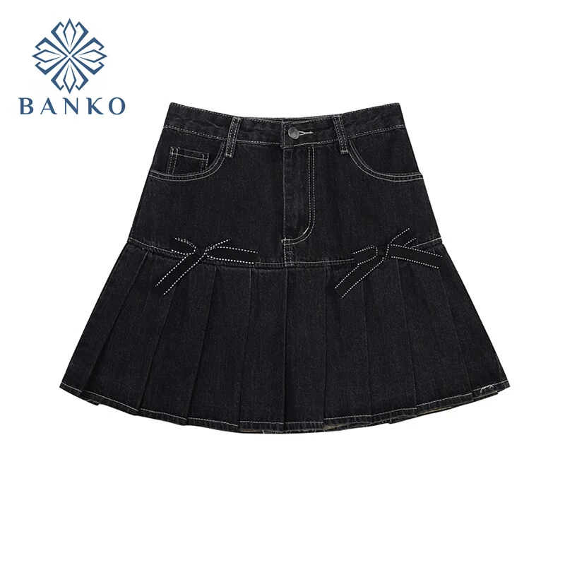 

Korean High-Waist Slim Elegant Solid Color All-Match Denim Skirt Women Summer 2021 Fashion Bow Pleated Denim Mini Skirt Female