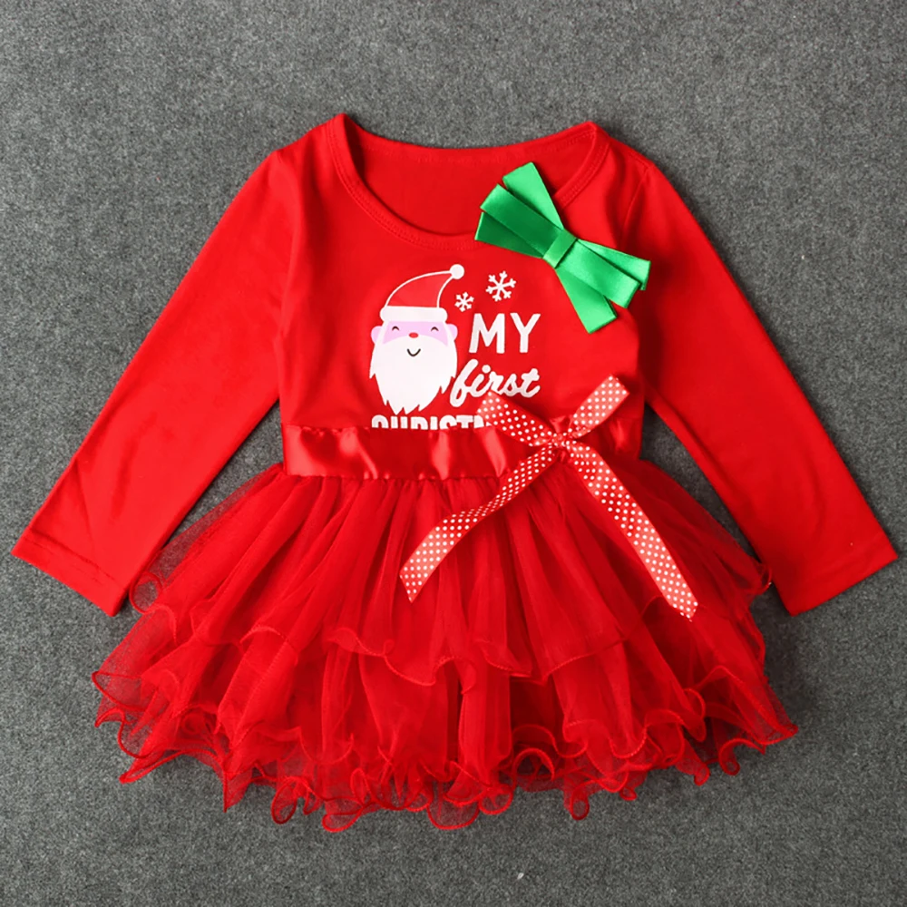 Girl Funny Santa Claus Christmas Dress Baby Long Sleeve Cotton Princess Dresses with Bow Holiday Party Children Clothing