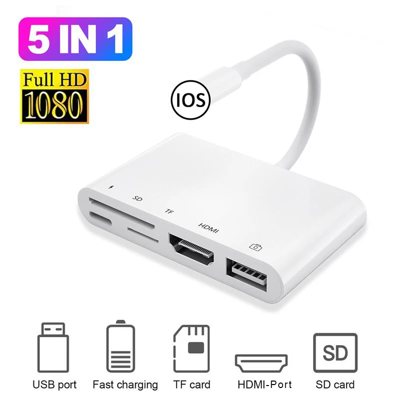 5 в 1 Famale USB3.0 для Lightning на 1080P HDMI кабель USB SD TF кардридер цифровой AV TV OTG адаптер