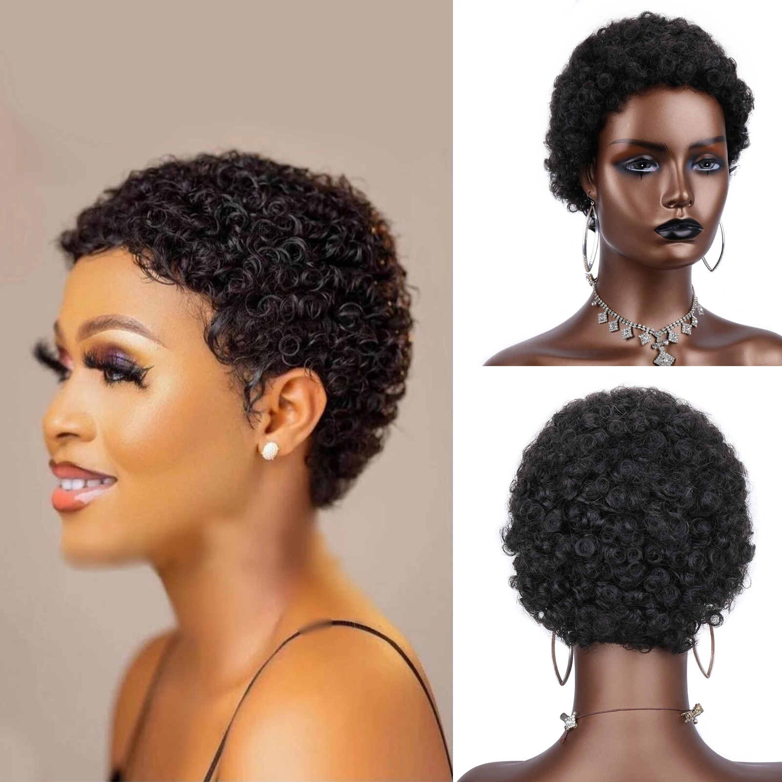 

Super short afro curl pixie wig 100% human hair Brazil remy no lace wig boy hairstyle kinky Jerry curly wig for men and women