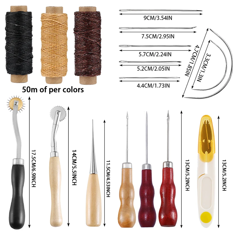 Набор для шитья кожи KAOBUY 18 шт. с крупными иглами вощеная нить шило и другие ручные