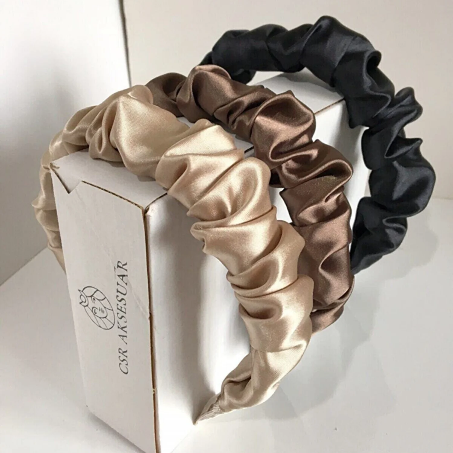 

3 Piece Pleated Satin Crown Set ,cardamom coffee / milk coffee / black colors, women hair clip