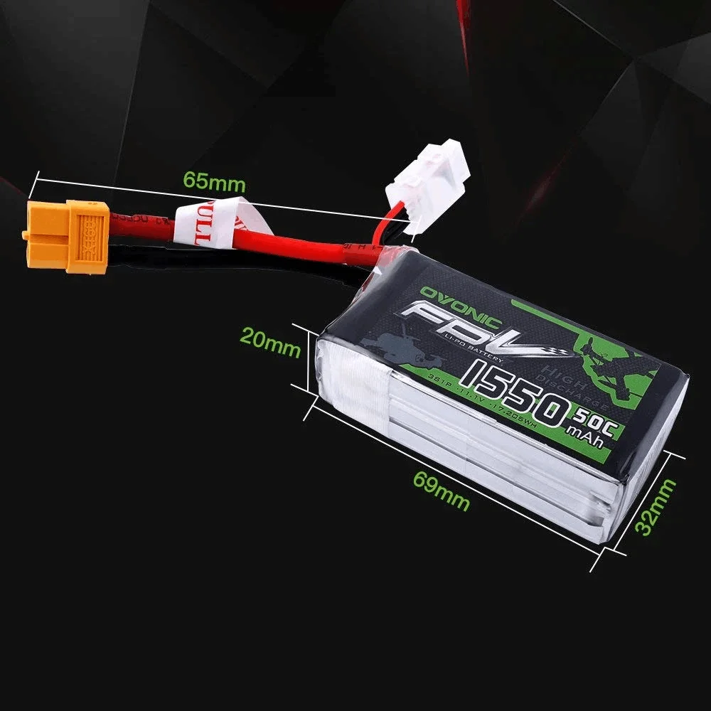 

OVONIC 11.1V 1550mAh 3S 50C LiPo Battery Pack With XT60 Plug For Skylark QAV 250 Vortex Drone FPV RC Plane
