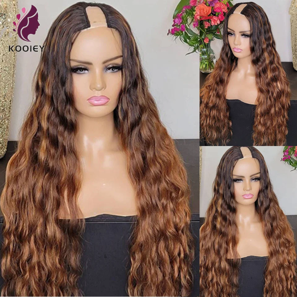 

Brown Blonde Highlight Human Hair U Part Wigs 220% Density Brazilian Remy Hair Wigs Water Wave Blonde Middle Open U Part Wigs