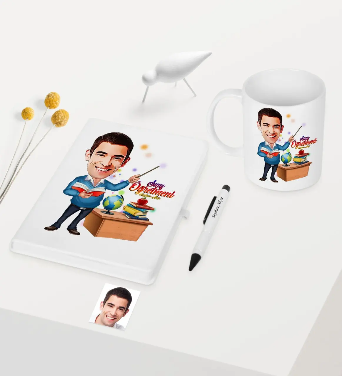 

Personalized Mr Teacher Themed Caricature Of White Notebook Pen Mug set-3