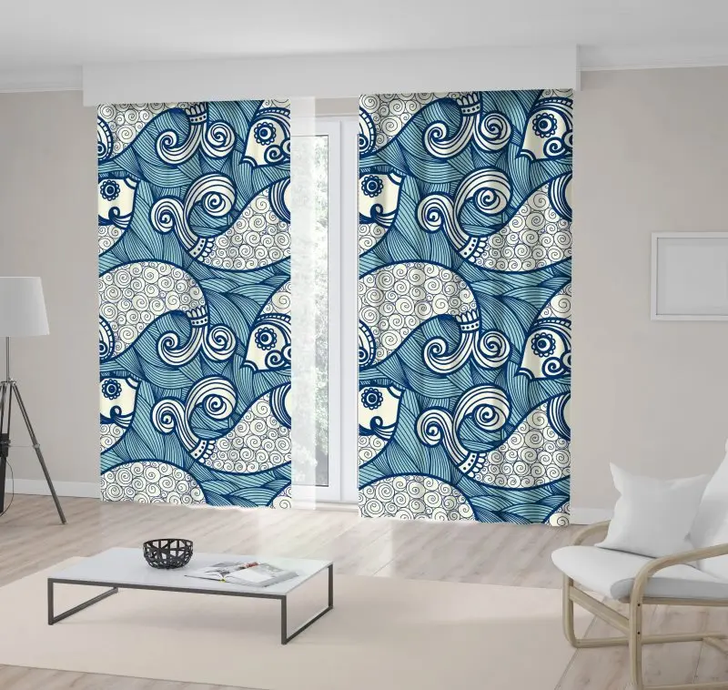 

Curtain Fishes Swimmimg in Sea Underwater Nature Vintage Style Art Printed Blue White