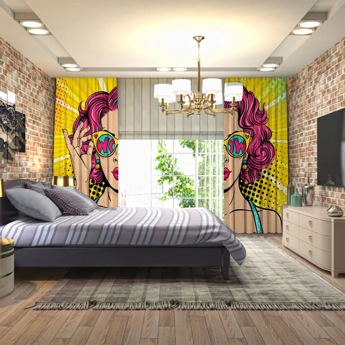 Занавес удивленная женщина с кудрявыми волосами и открытым ртом держит