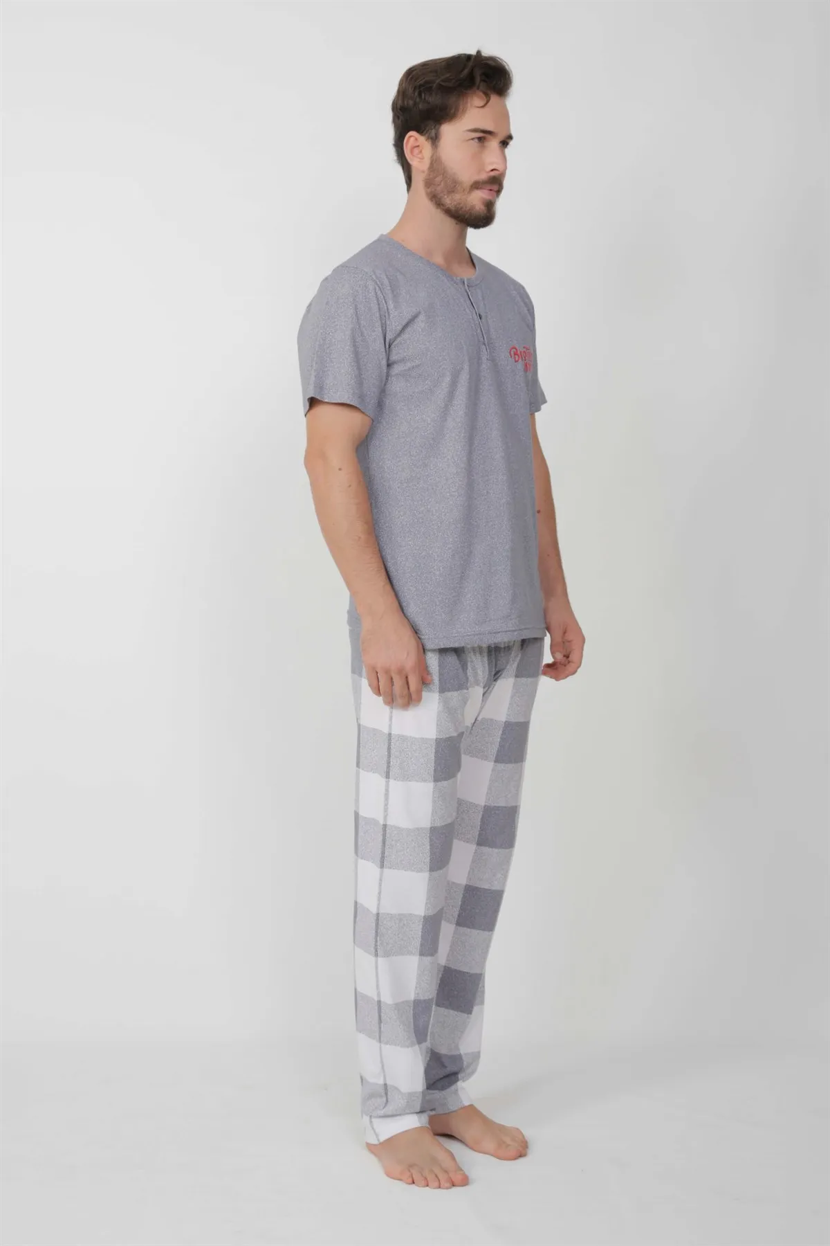 

Summer Gray Plaid Long Bottom Short Sleeve Men's Pajamas Set For Sleepwear Pyjama Male Homewear Lounge Wear