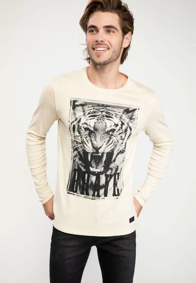 Мужская хлопковая футболка DeFacto белая Повседневная с длинным рукавом и принтом
