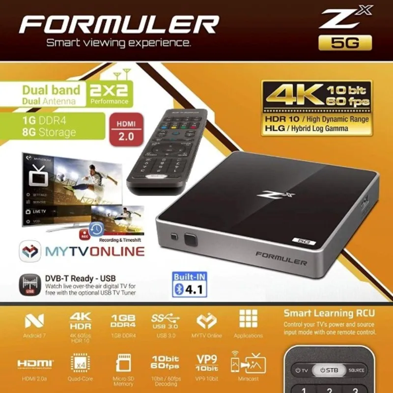 FORMULER Zx 5G IPTV/OTT 4K UHD HDR Android 7 телеприставка 2Go/1Go WiFi двухдиапазонный 2 4G/5G LAN 100M (VIERGE sans
