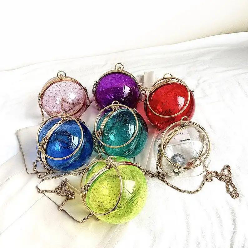 

Handamde Transparent Clear Glitter Acrylic Ball Box Clutch Bag with Handle for Party Show, Size 13cm, #AE098C