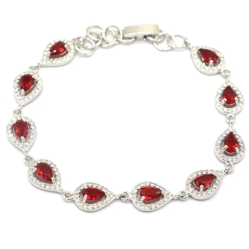 

16x8mm Gorgeous Red Blood Ruby Tanzanite White Bright Cunbic Zircon Ladies Wedding Silver Bracelet 7.5-8.5inch
