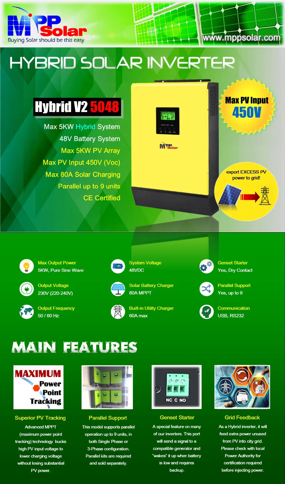 5000w 48v 230vac Hybrid Solar power inverter Grid tied+ off grid 80A MPPT solar charger 450vdc PV input