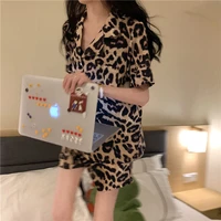 hnmchief leopard pajamas suit female long sleeve worsted pyjamas of ice silk home wear women set animal print blouse nightgown