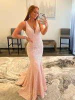 sexy glitter v neck mermaid pink long prom dress strapless sleeveless v neck with sequins formal party dress 2022 new