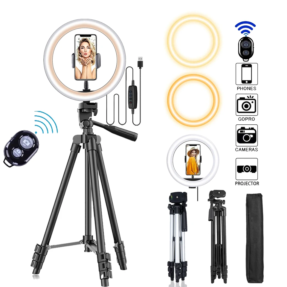 26cm Photo Ringlight Led Selfie Ring Light Phone Bluetooth Remote Lamp Photography Lighting Tripod Holder Youtube Video