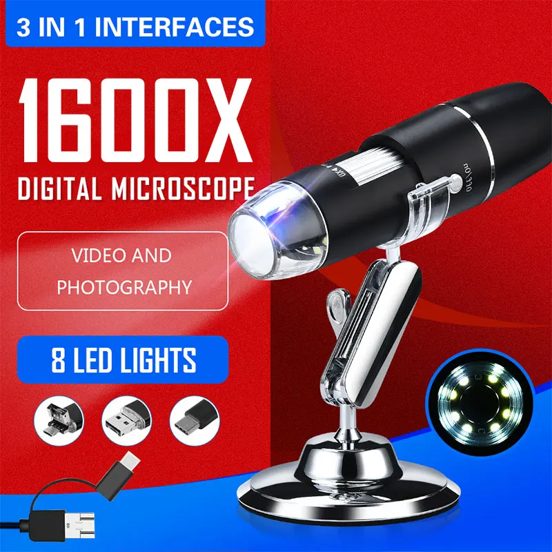 

1600X USB Digital Microscope Camera Endoscope 8LED Magnifier with Metal Stand Dropshipping