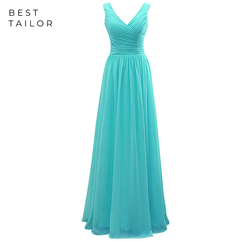 

Simple Chiffon Long Bridesmaid Dresses Turquoise Maid of Honor Gown V-Neck Custom Make Wedding Party Guest Gowns Bridesmaid Wear