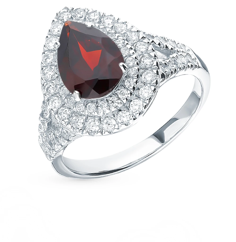 Серебряное кольцо с фианитами и гранатом SUNLIGHT проба 925 | Украшения аксессуары