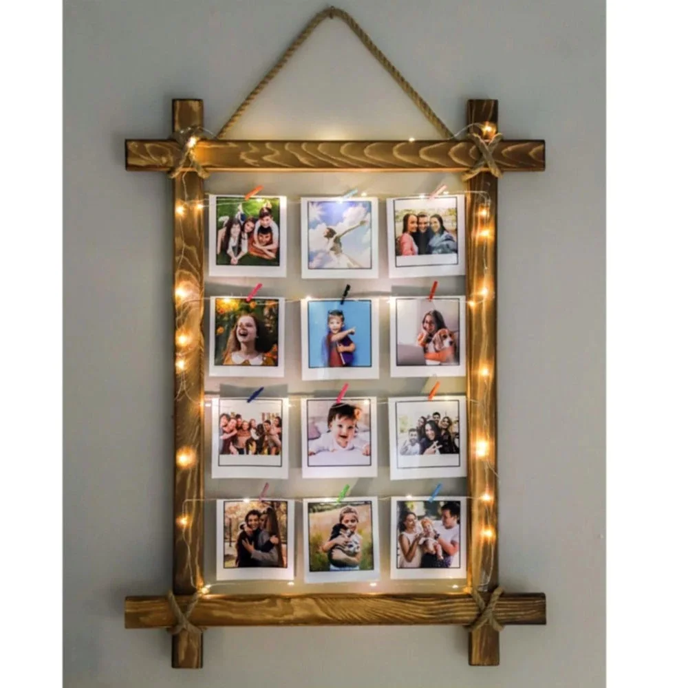 

Handmade Natural Wood Led Illuminated Drawstring Latch Rectangle Photo Frame Hanger Album New Trend Home Decor Office Cafe