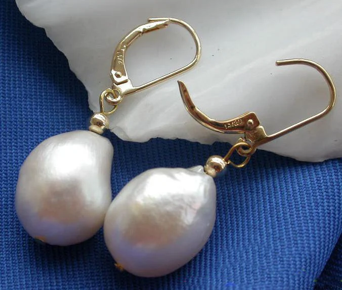 

Unique Design AA 16mm White Baroque Freshwater Pearls Gold Dangle Earring Wedding Birthday Party Chirstmas Gift Fine Jewelry