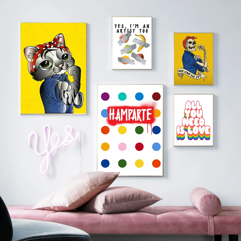 

Canvas Painting Abstract Cartoon Cat and Skull Posters Prints Fruit Quote Wall Art Pictures for Living Room Home Decor Cuadros