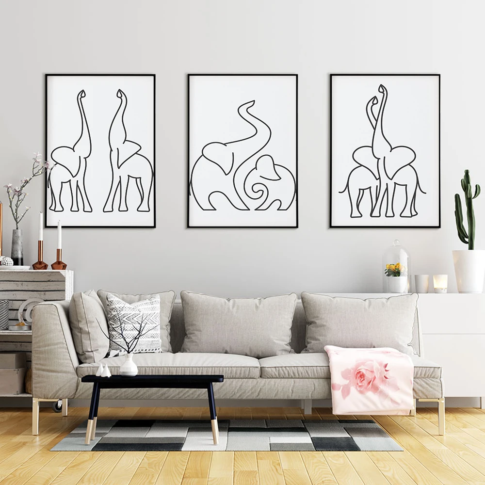 

Pair of Elephants Poster Black White Canvas Painting Line Drawing Art Print Minimalist Wall Picture For Living Room Home Decor