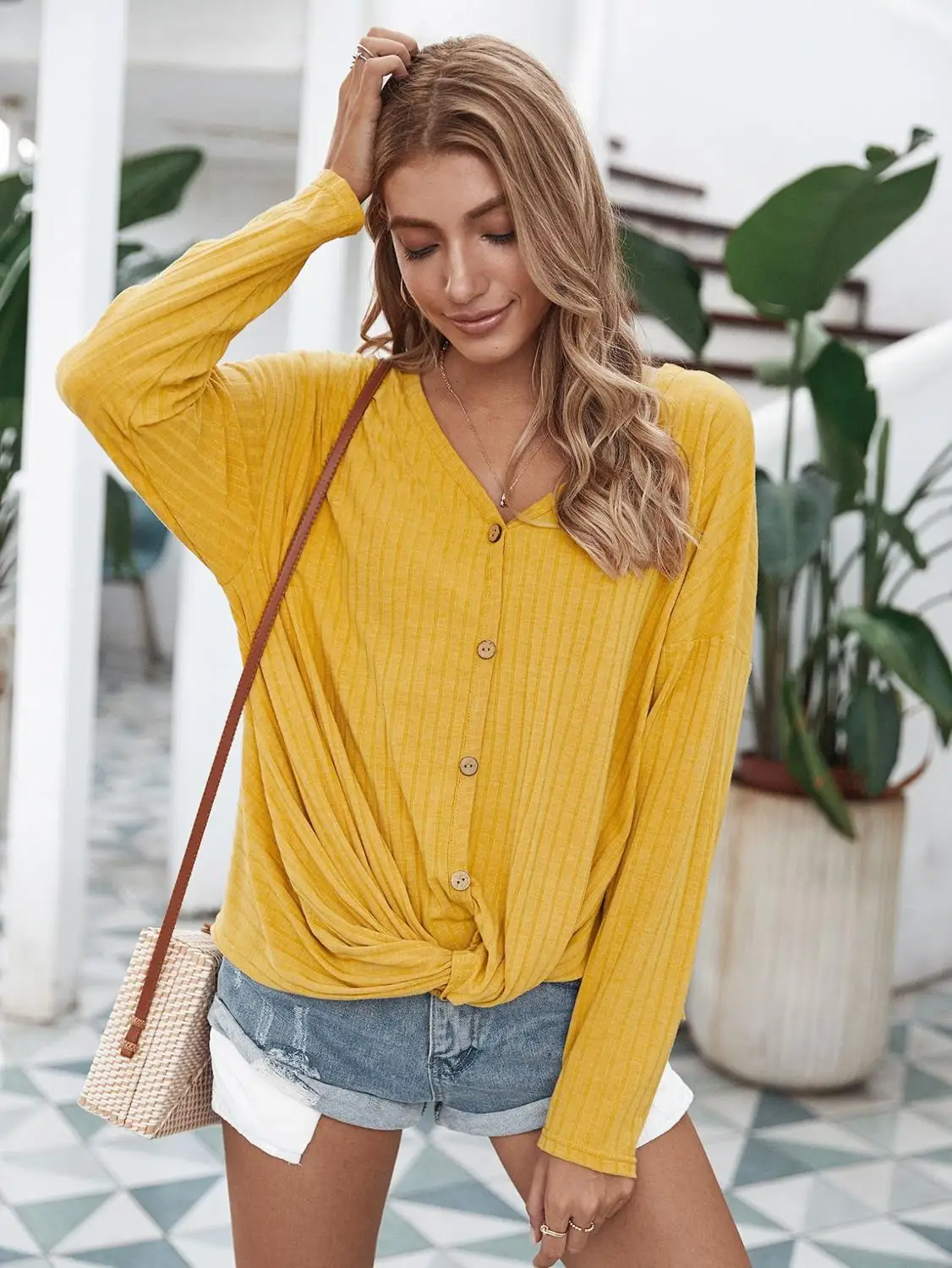 

Women Knit Elegant V Neck Twist Knot Buttons Pullover Shirts Loose Baggy Batwing Casual Tunic Summer Fashion Long Sleeve Tops